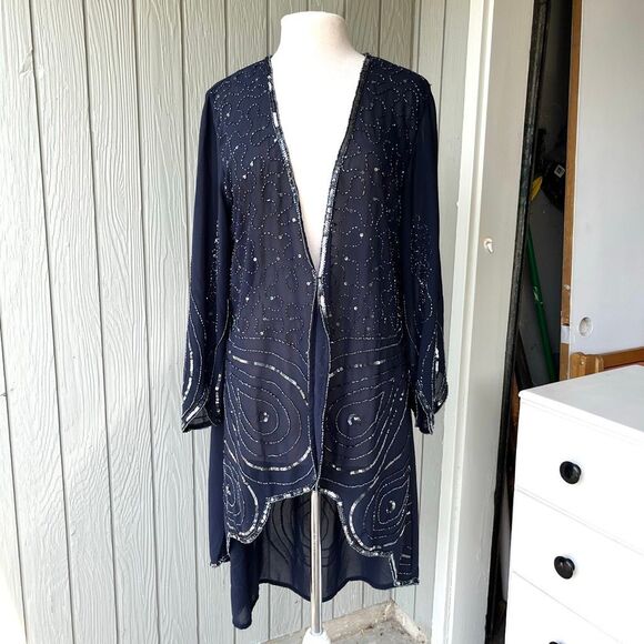 VTG Beaded Roaman’s Navy Duster Jacket Sheer Evening Kimono 43” - Picture 8 of 10